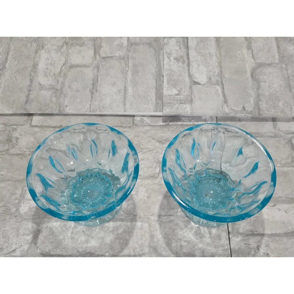 Vintage Lot of 2 Matching Aqua/Turquoise Blue Glass Thumbprint Pedestal Bowl Thu